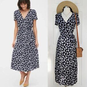 GAP Blue Floral Wrap Midi Dress Daisy White Navy Flower Women's Feminine Size XS